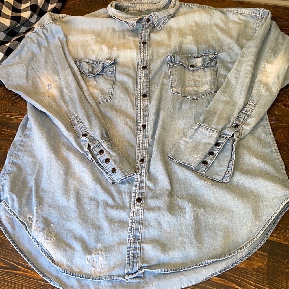 NSF, distressed light denim snap shirt